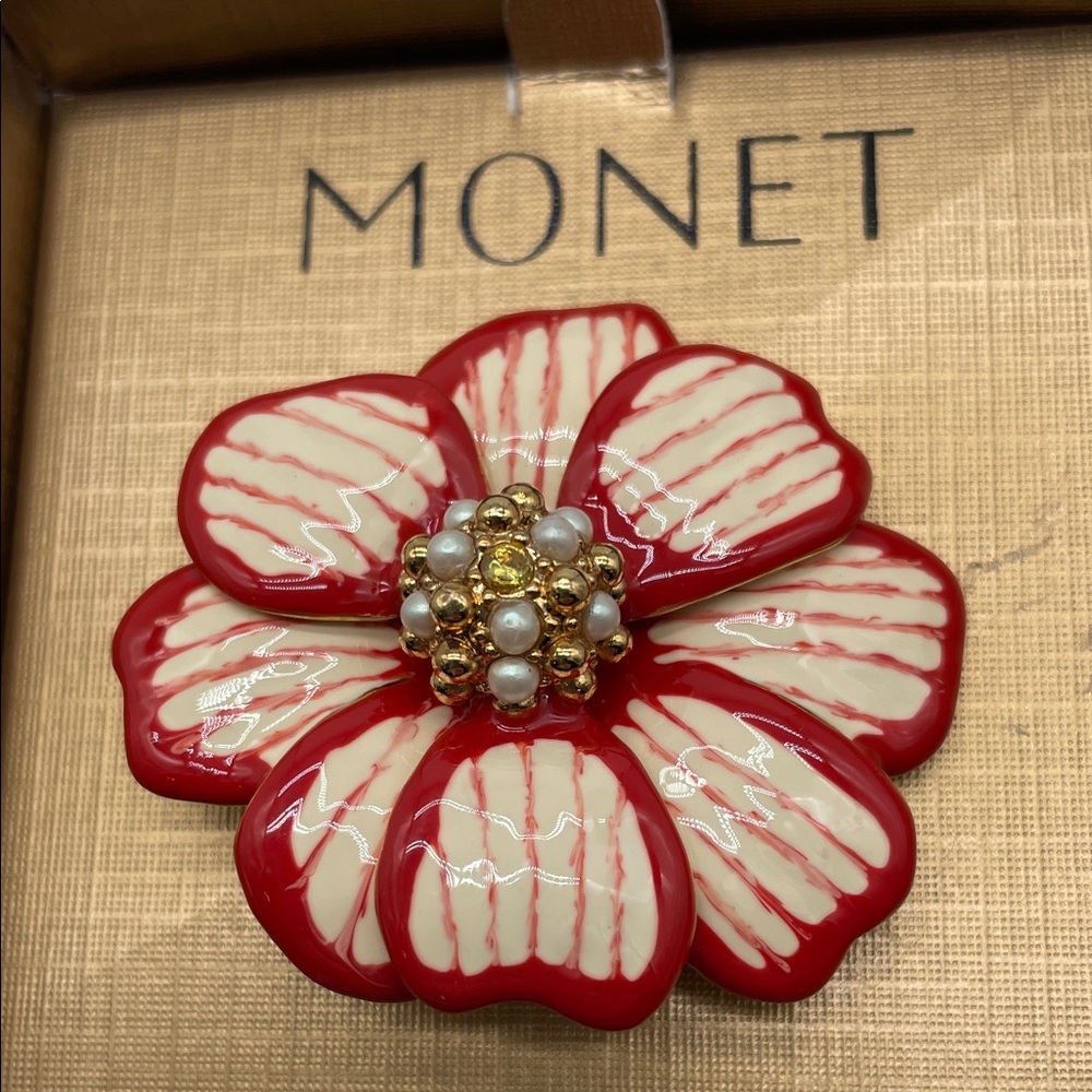 Monet Vibrant Red and Cream Floral Brooch